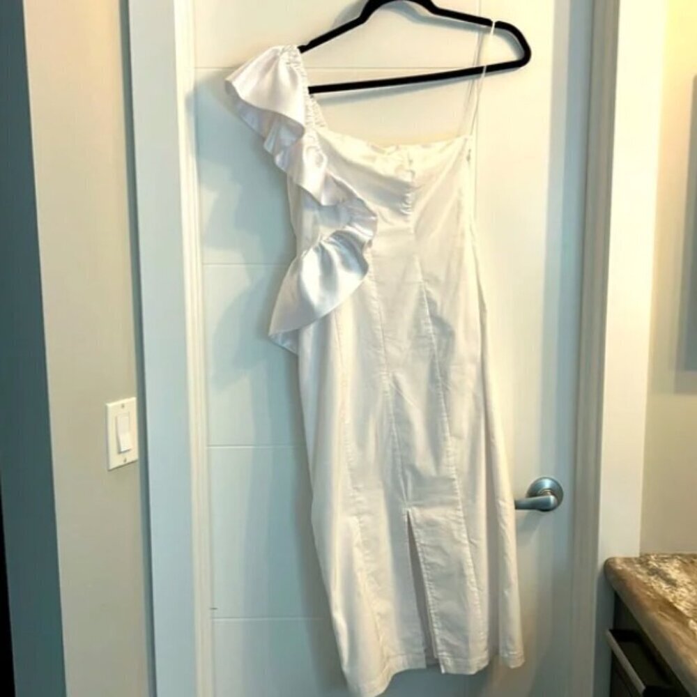 ANTHROPOLOGIE BHLDN Wren White One-Shoulder Ruffled Midi Stretch Dress Elastic S - Picture 6 of 12